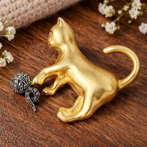 Vintage Judith Jack Gold Tone Cat Brooch Ball Marcasite Rhinestone signed